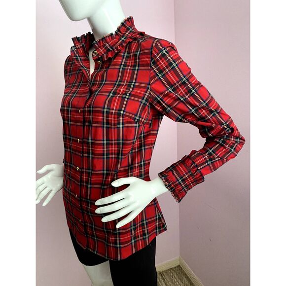 STS Sail to Sable Tartan Plaid Shirt Blouse Ruffle SMALL Red Long Sleeve - Picture 2 of 7